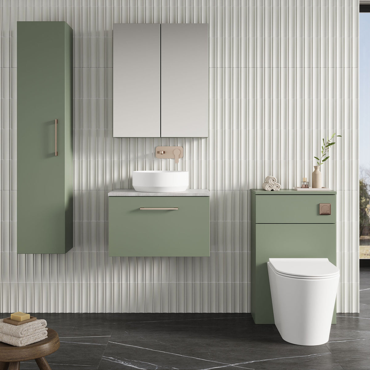 Modern Splash 600mm Satin Green 1 Drawer Wall Hung Vanity Unit With Bellato Grey Worktop