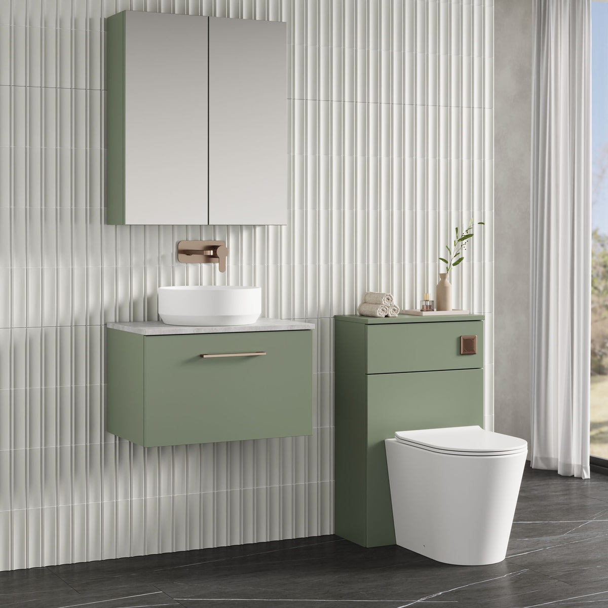 Modern Splash 600mm Satin Green 1 Drawer Wall Hung Vanity Unit With Bellato Grey Worktop