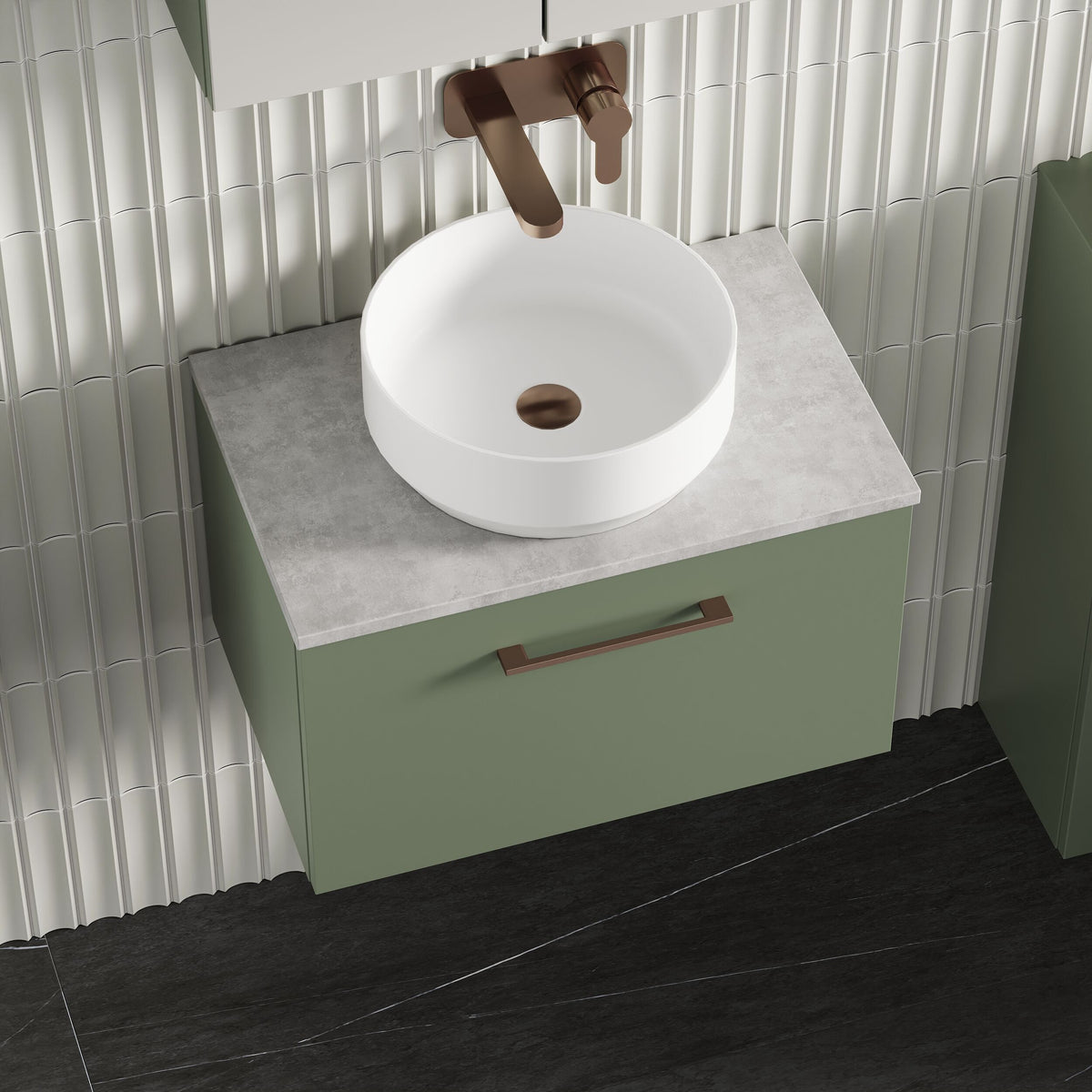 Modern Splash 600mm Satin Green 1 Drawer Wall Hung Vanity Unit With Bellato Grey Worktop
