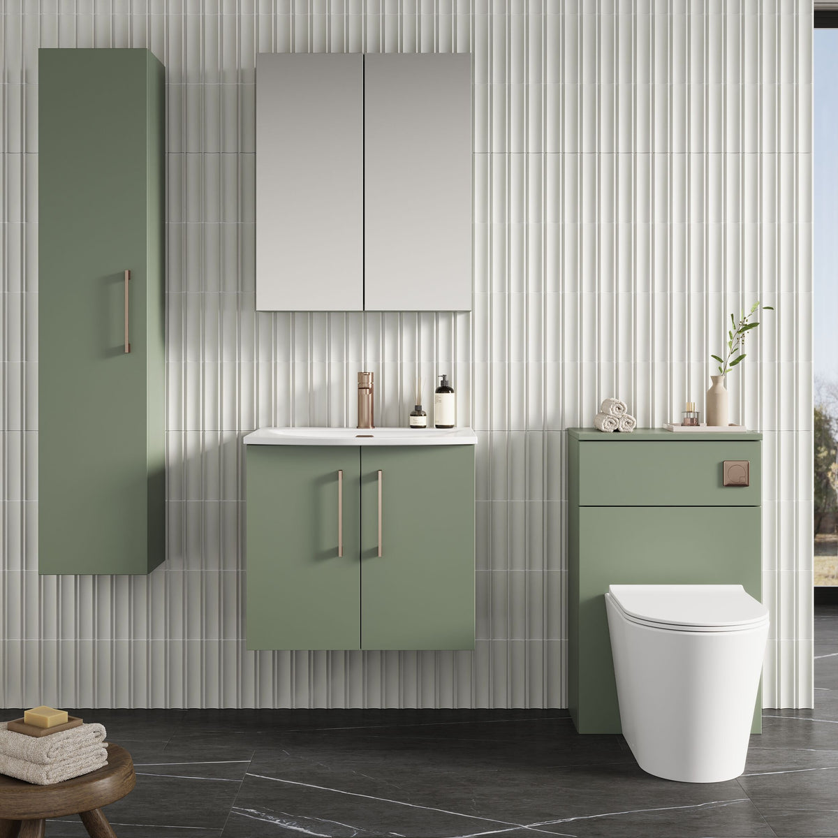 Modern Splash 600mm Satin Green 2 Door Wall Hung Vanity Unit With Curved Basin