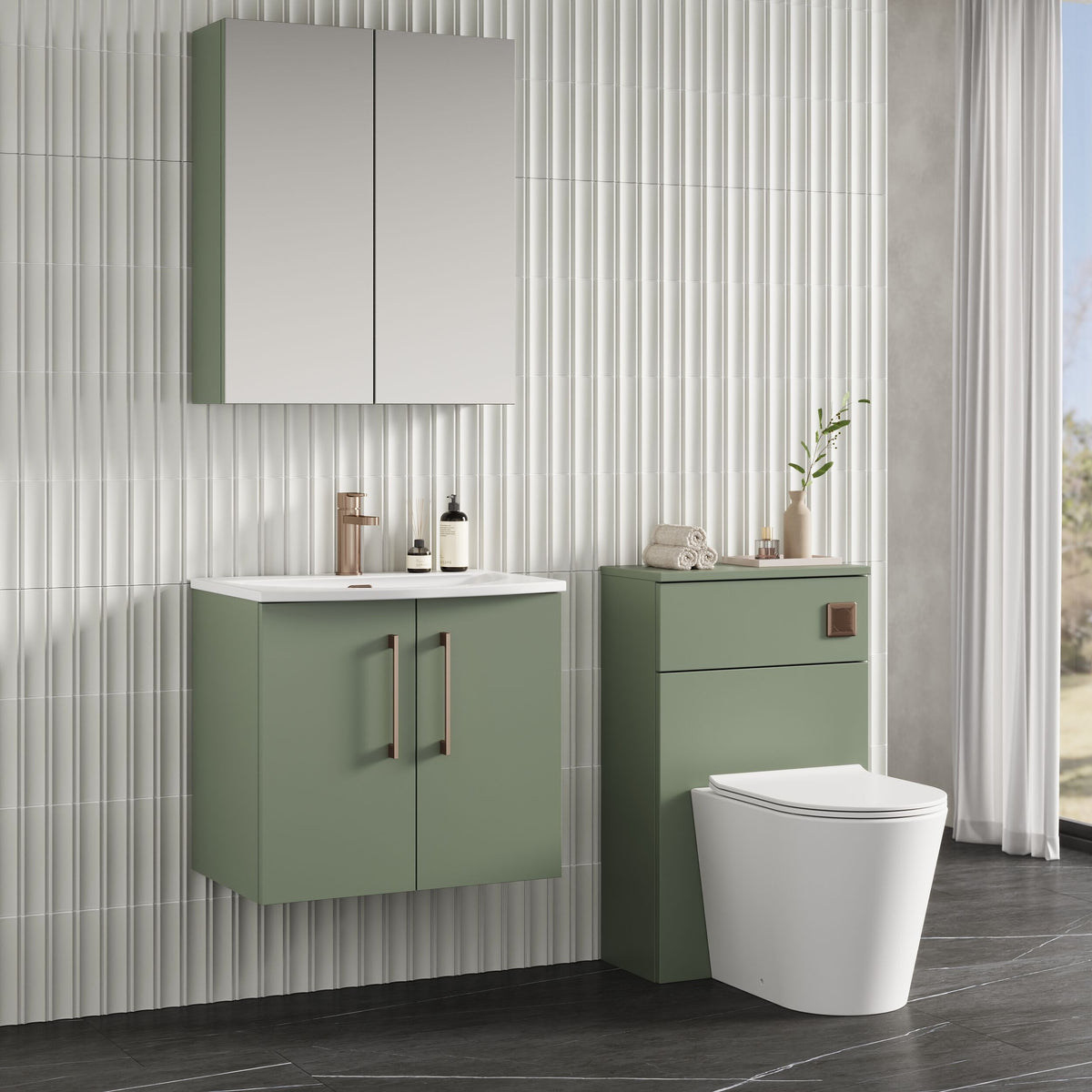 Modern Splash 600mm Satin Green 2 Door Wall Hung Vanity Unit With Curved Basin