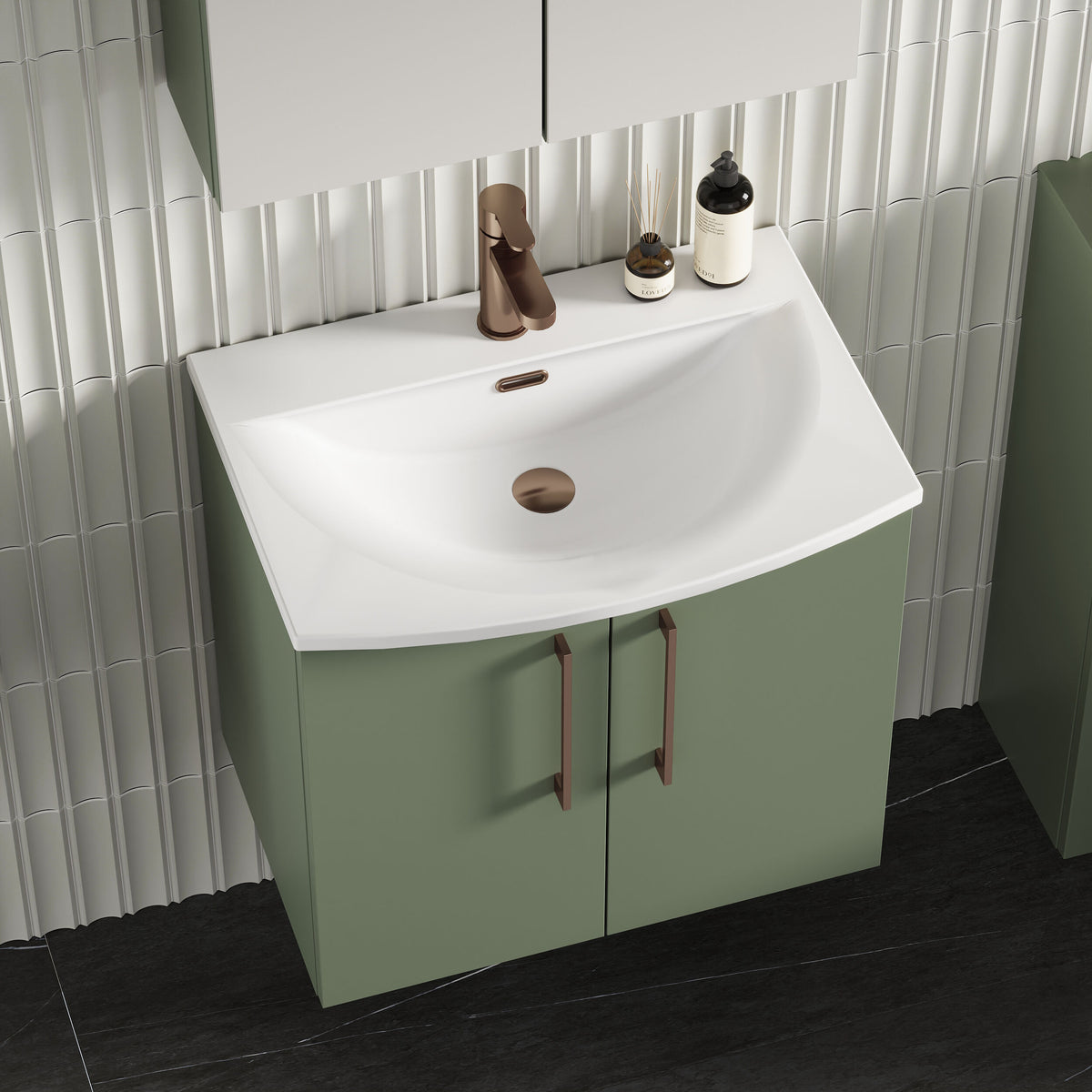 Modern Splash 600mm Satin Green 2 Door Wall Hung Vanity Unit With Curved Basin