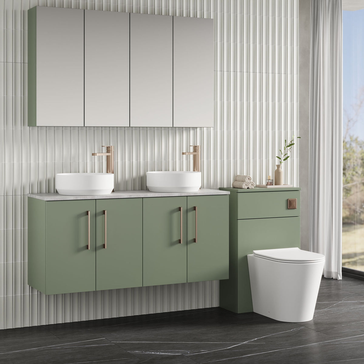 Modern Splash 1200mm Satin Green 2 Door Wall Hung Vanity Unit With Bellato Grey Worktop