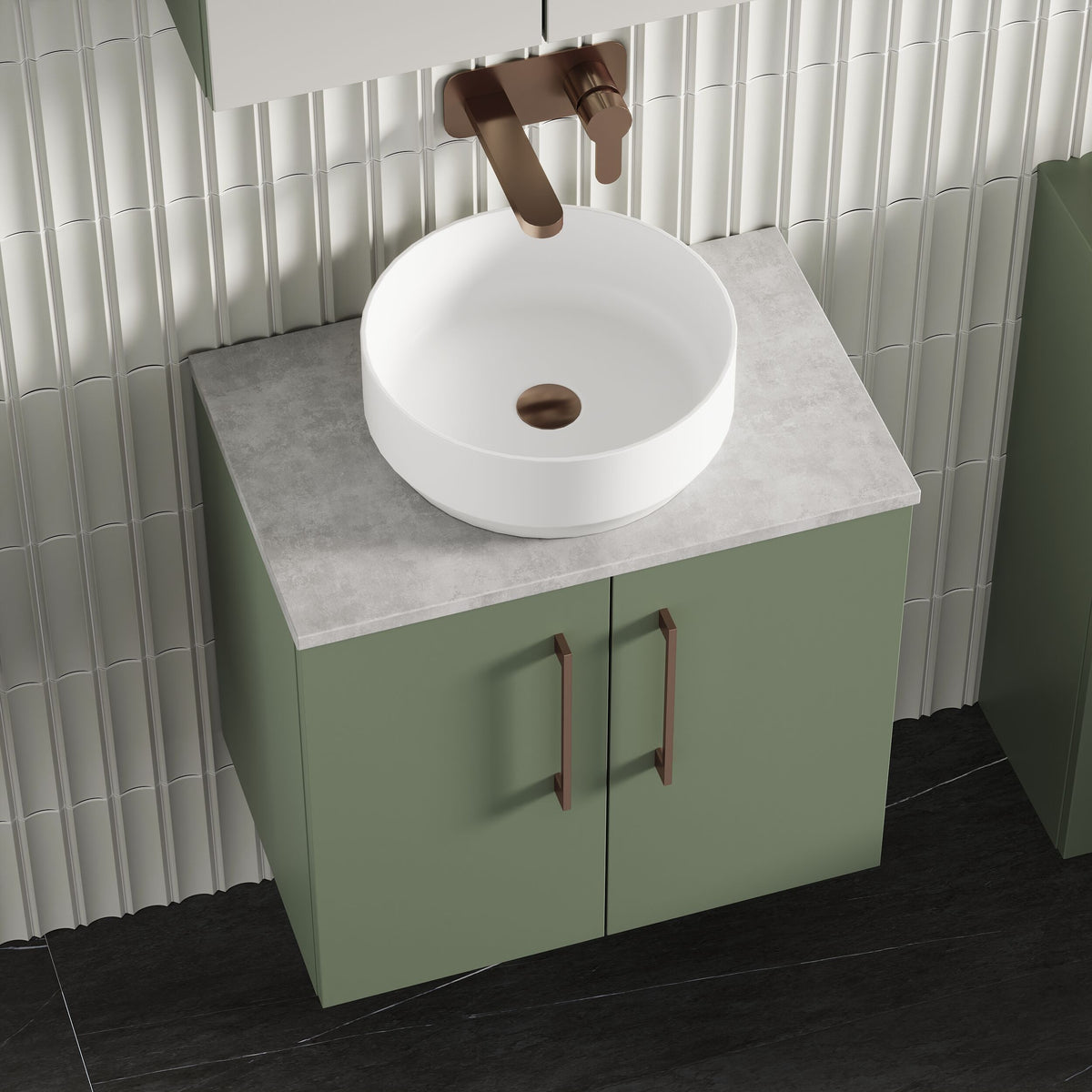 Modern Splash 600mm Satin Green 2 Door Wall Hung Vanity Unit With Bellato Grey Worktop