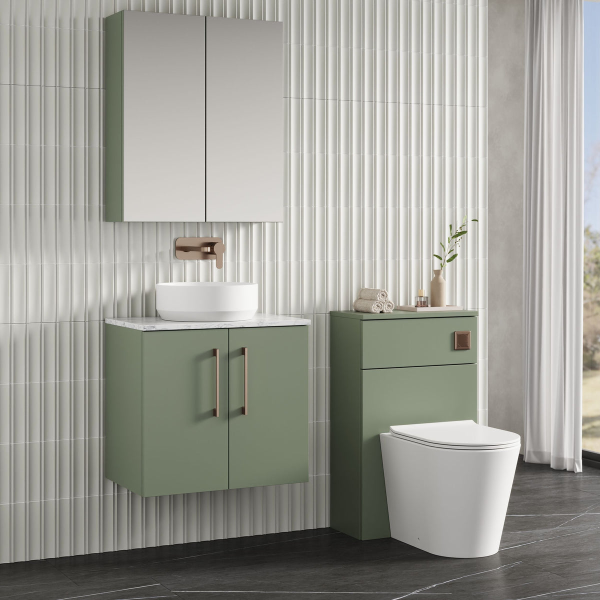Modern Splash 600mm Satin Green 2 Door Wall Hung Vanity Unit With Carrara Laminate Worktop