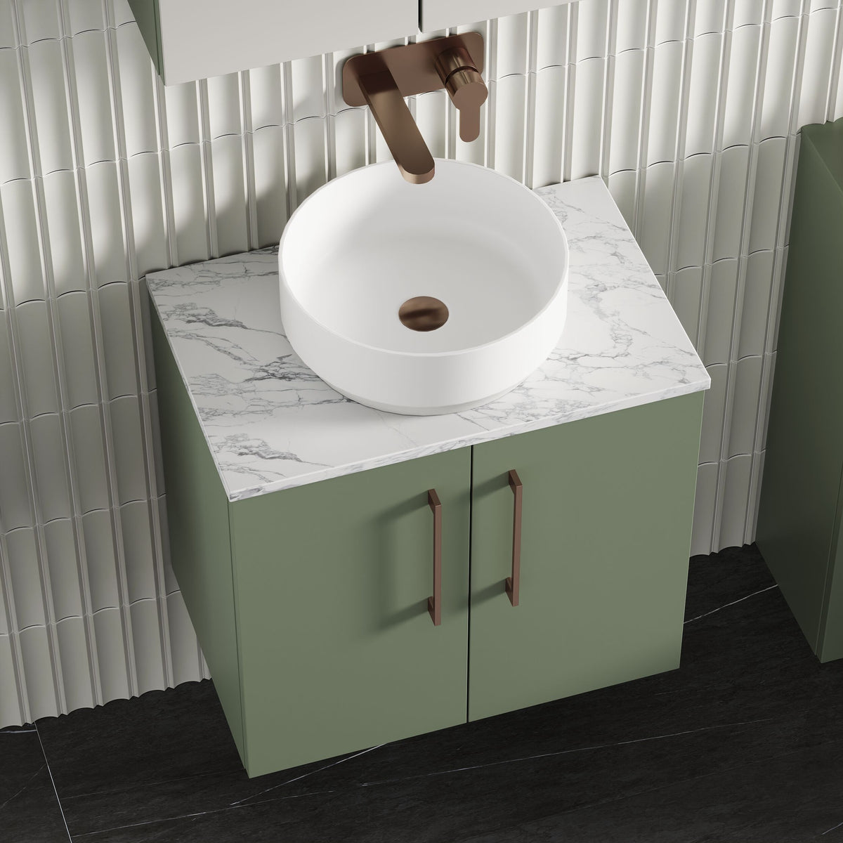 Modern Splash 600mm Satin Green 2 Door Wall Hung Vanity Unit With Carrara Laminate Worktop