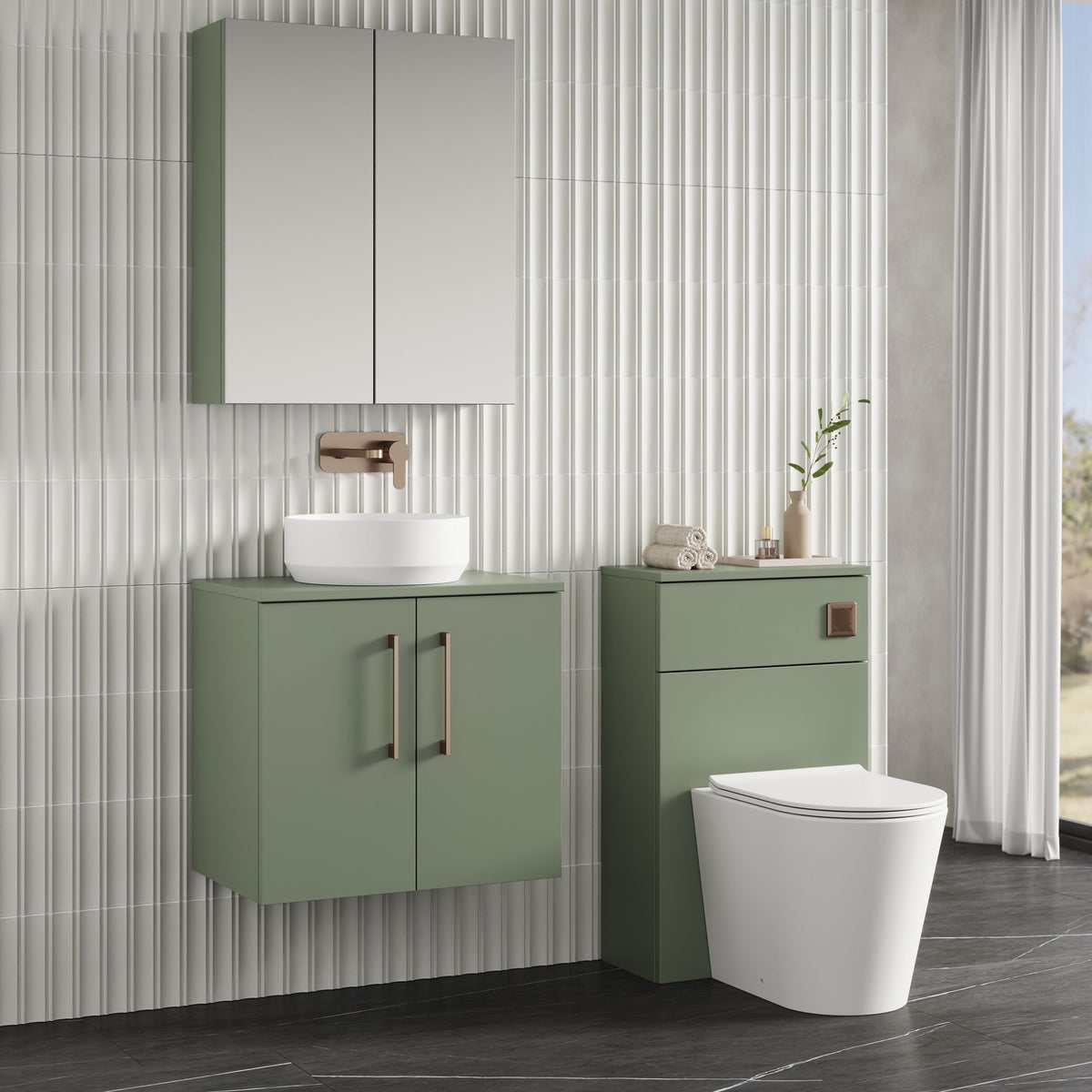 Modern Splash 600mm Satin Green 2 Door Wall Hung Vanity Unit With Co-ordinating Worktop