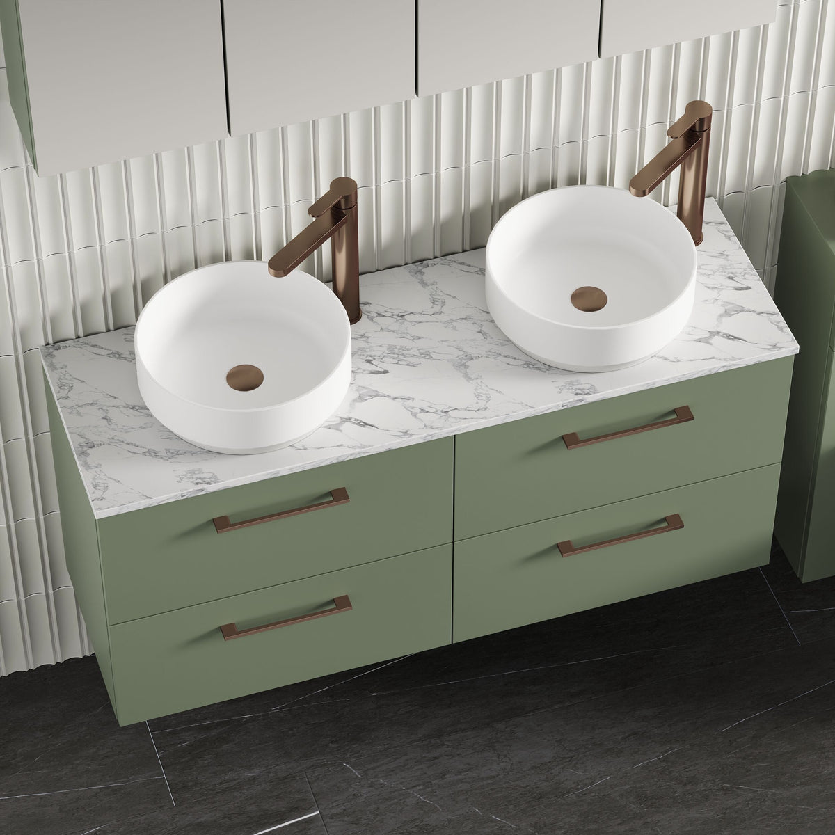 Modern Splash 1200mm Satin Green 4 Drawer Wall Hung Vanity With Carrara Laminate Worktop