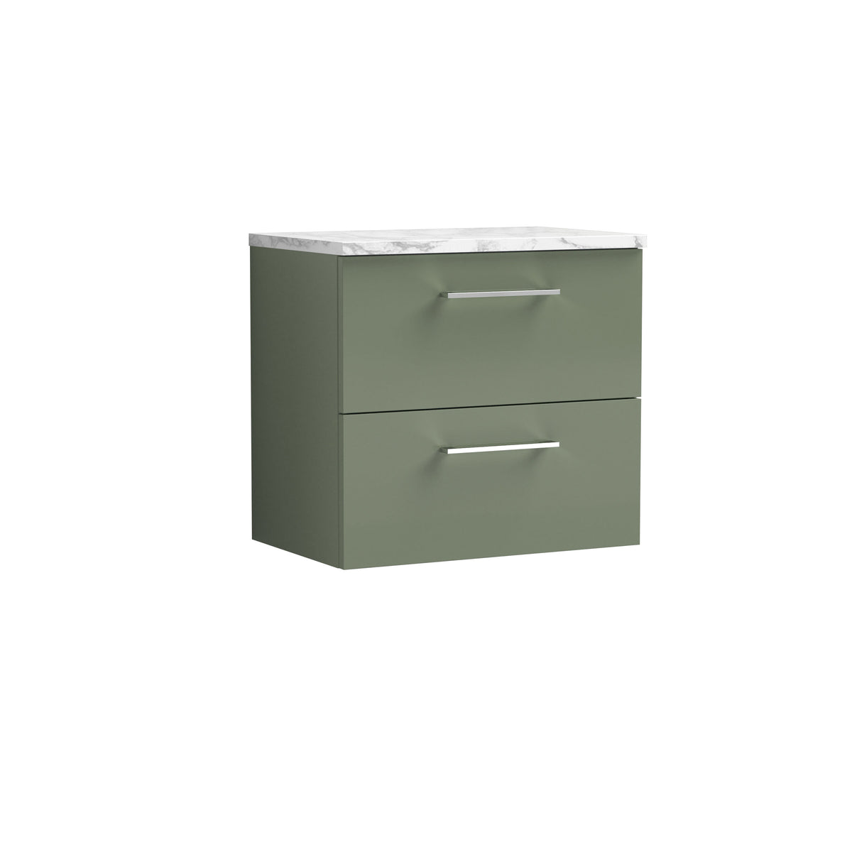 Modern Splash 600mm Satin Green 2 Drawer Wall Hung Vanity Unit With Carrara Laminate Worktop