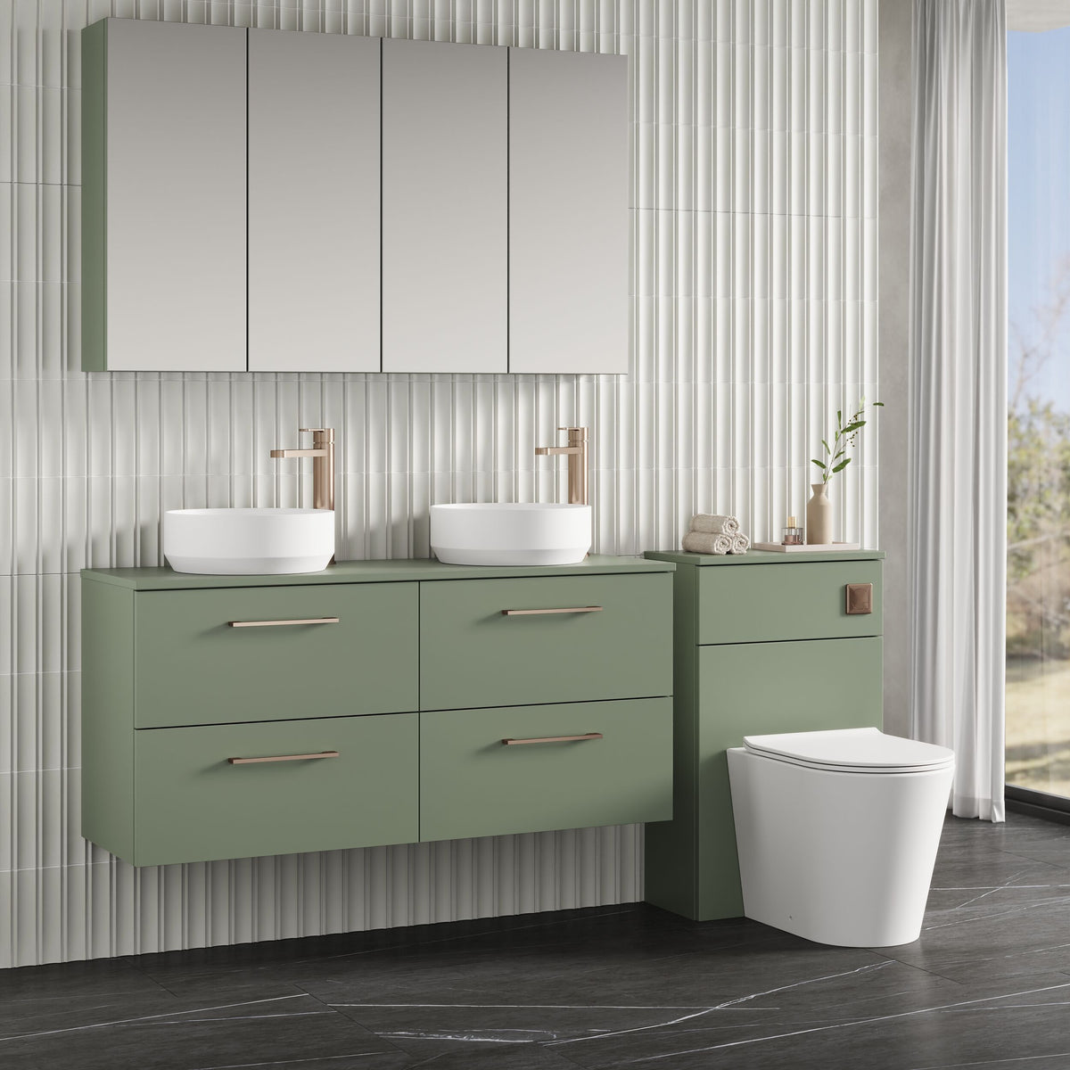 Modern Splash 1200mm Satin Green 4 Drawer Wall Hung Vanity Unit With Co-ordinating Worktop