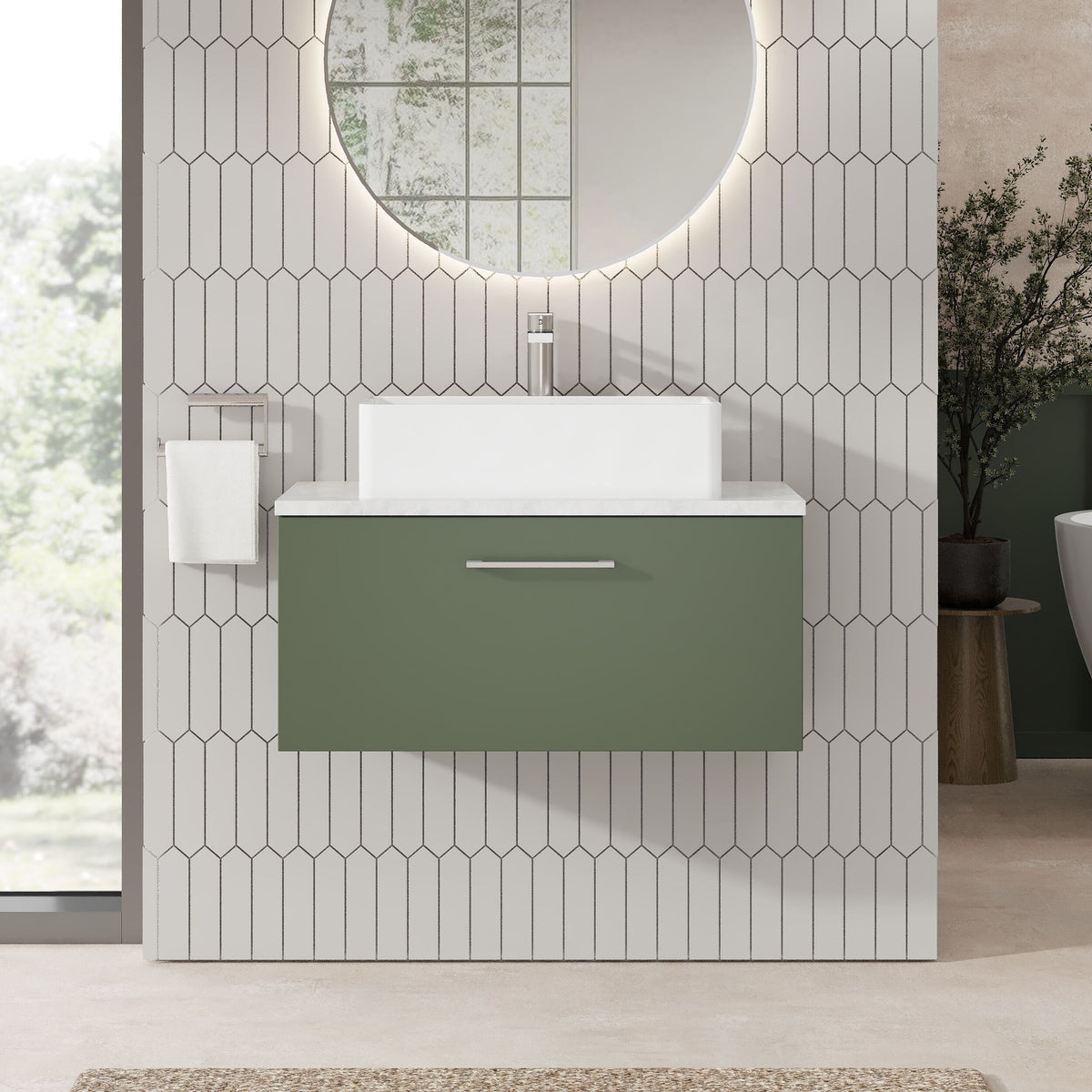 Modern Splash 800mm Satin Green Wall Hung Vanity Unit With Bellato Grey Worktop