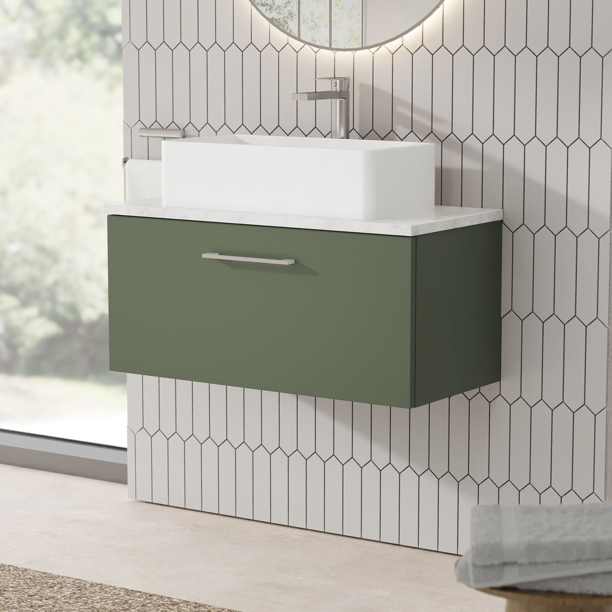 Modern Splash 800mm Satin Green Wall Hung Vanity Unit With Bellato Grey Worktop