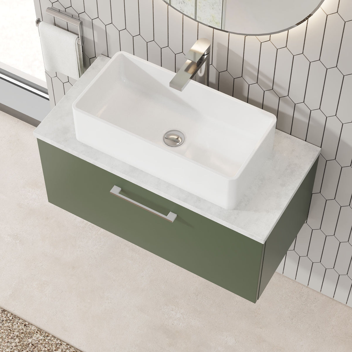 Modern Splash 800mm Satin Green Wall Hung Vanity Unit With Bellato Grey Worktop