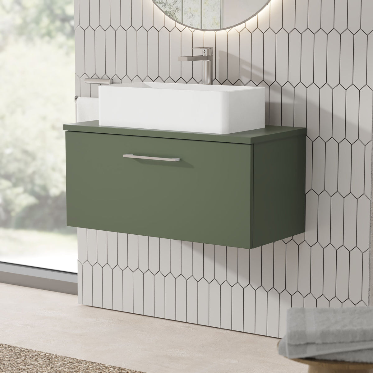 Modern Splash 800mm Satin Green 1 Drawer Wall Hung Vanity Unit With Co-ordinating Worktop