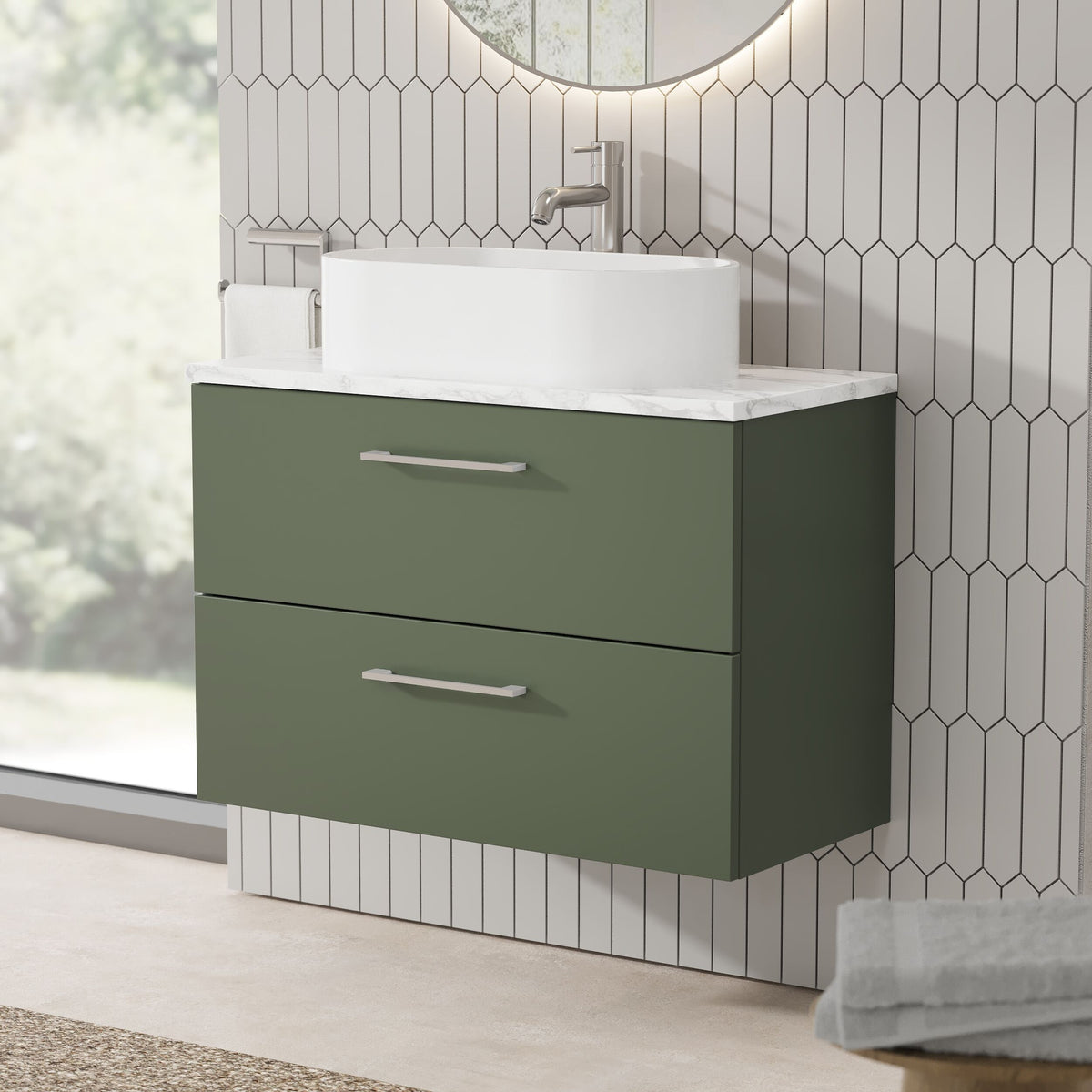 Modern Splash 800mm Satin Green 2 Drawer Wall Hung Vanity Unit With Carrara Laminate Worktop