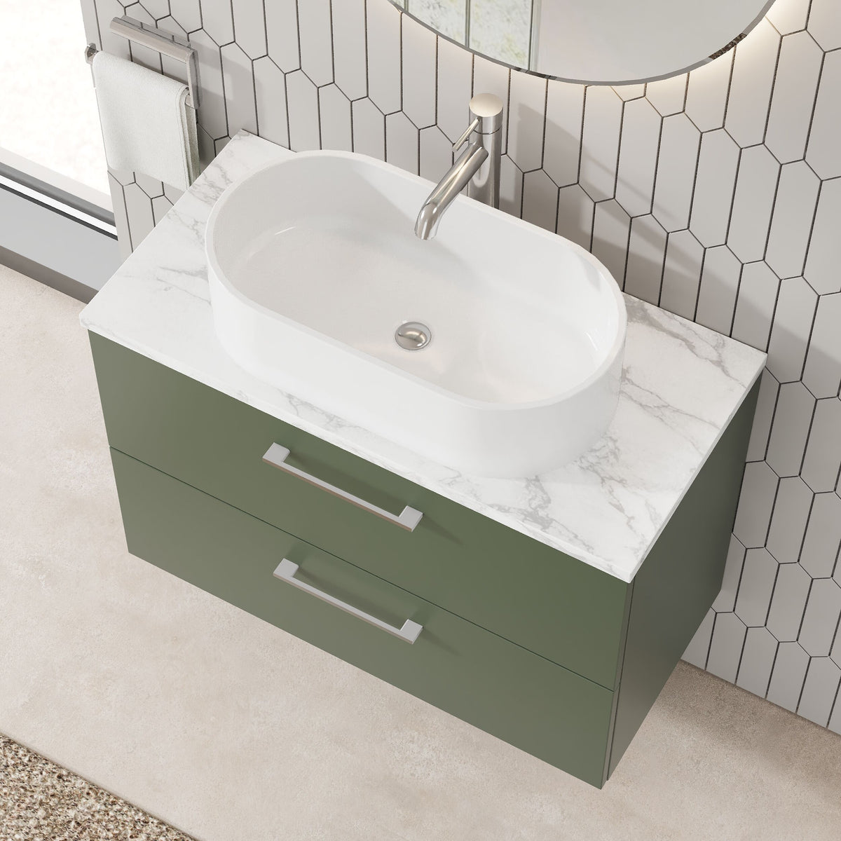 Modern Splash 800mm Satin Green 2 Drawer Wall Hung Vanity Unit With Carrara Laminate Worktop