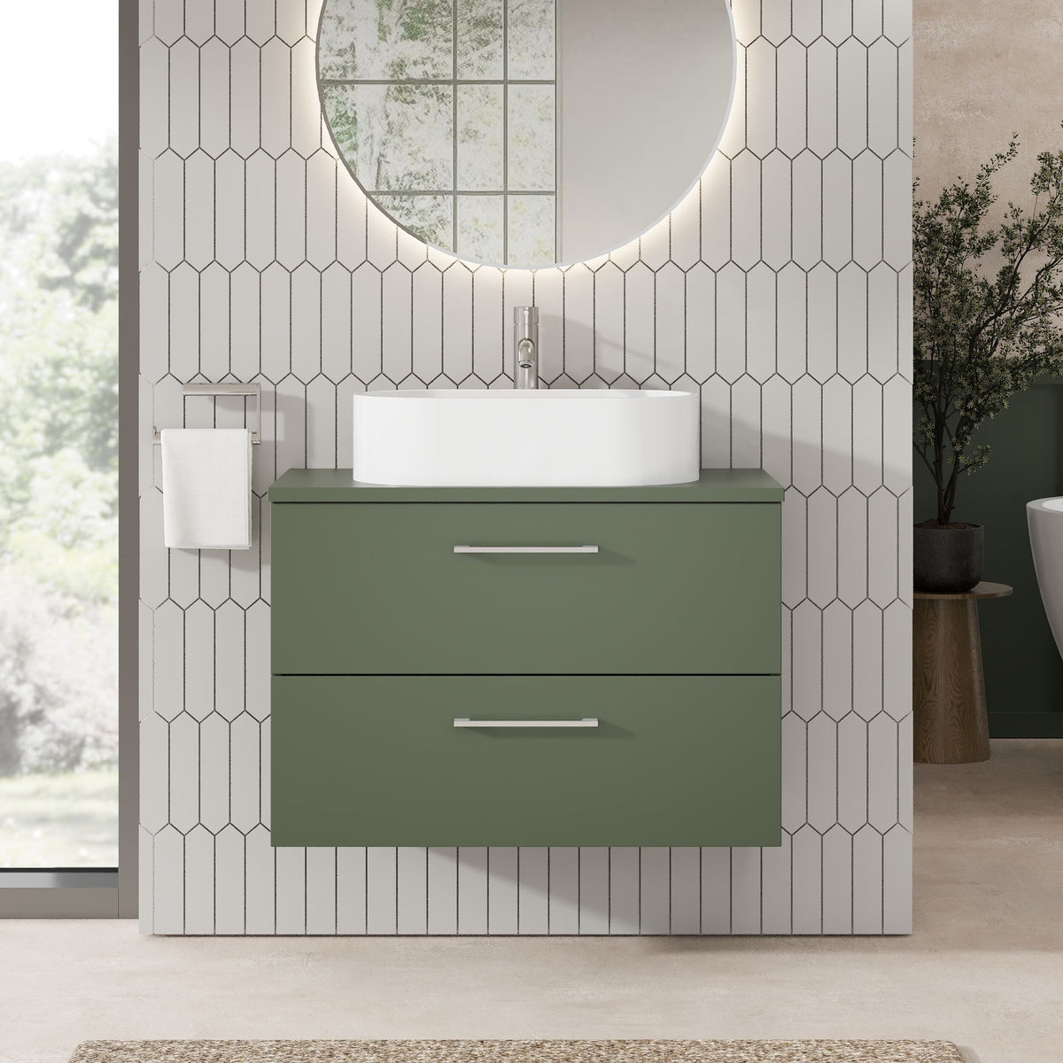 Modern Splash 800mm Satin Green 2 Drawer Wall Hung Vanity Unit With Co-ordinating Worktop