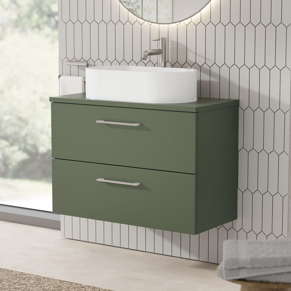 Modern Splash 800mm Satin Green 2 Drawer Wall Hung Vanity Unit With Co-ordinating Worktop