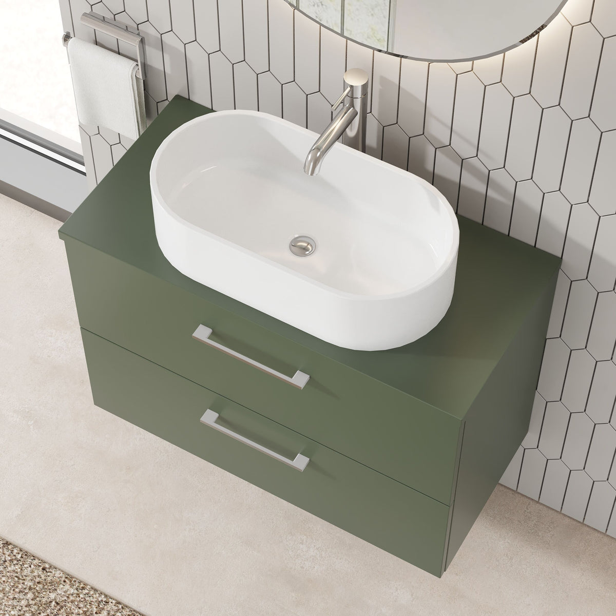 Modern Splash 800mm Satin Green 2 Drawer Wall Hung Vanity Unit With Co-ordinating Worktop