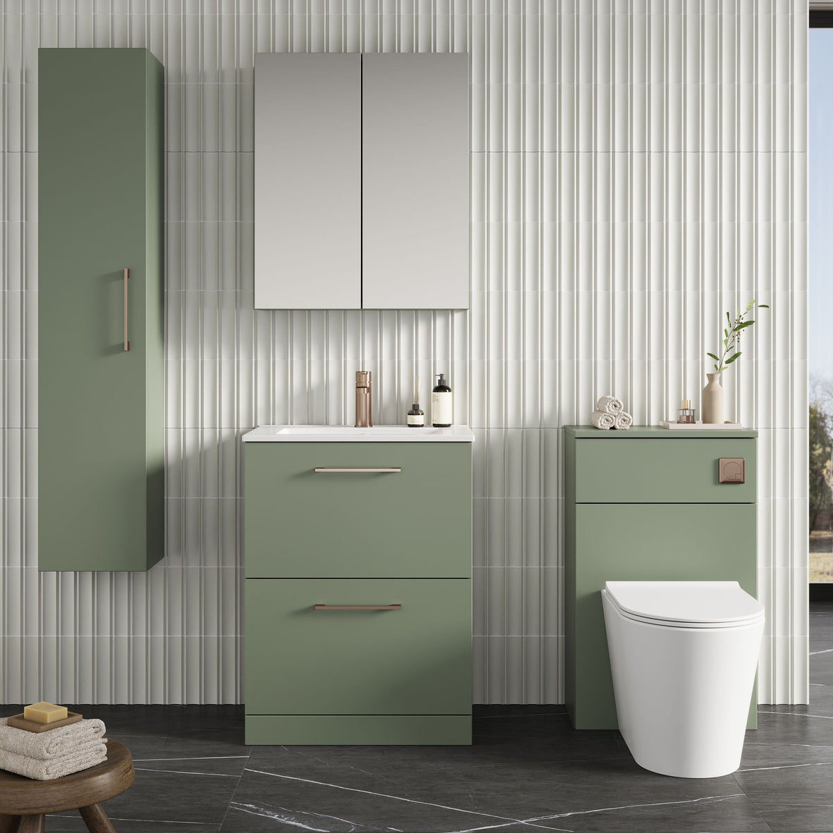 Modern Splash 600mm Satin Green 2 Drawer Floor Standing Vanity Unit With Minimalist Basin