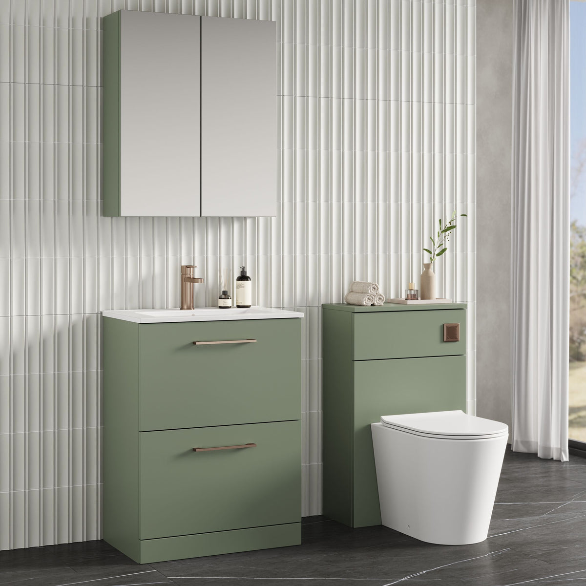 Modern Splash 600mm Satin Green 2 Drawer Floor Standing Vanity Unit With Minimalist Basin