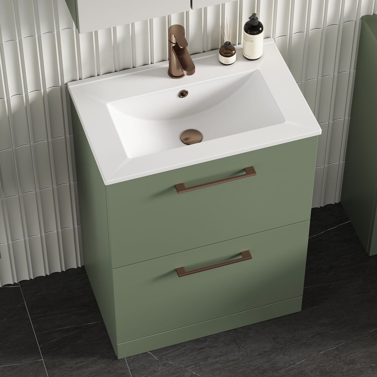 Modern Splash 600mm Satin Green 2 Drawer Floor Standing Vanity Unit With Minimalist Basin