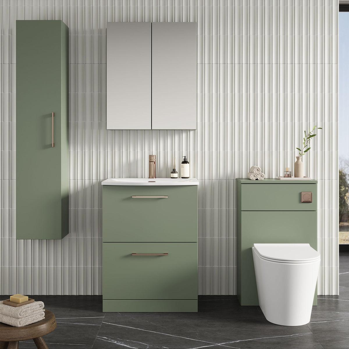 Modern Splash 600mm Satin Green 2 Drawer Floor Standing Vanity Unit With Curved Basin