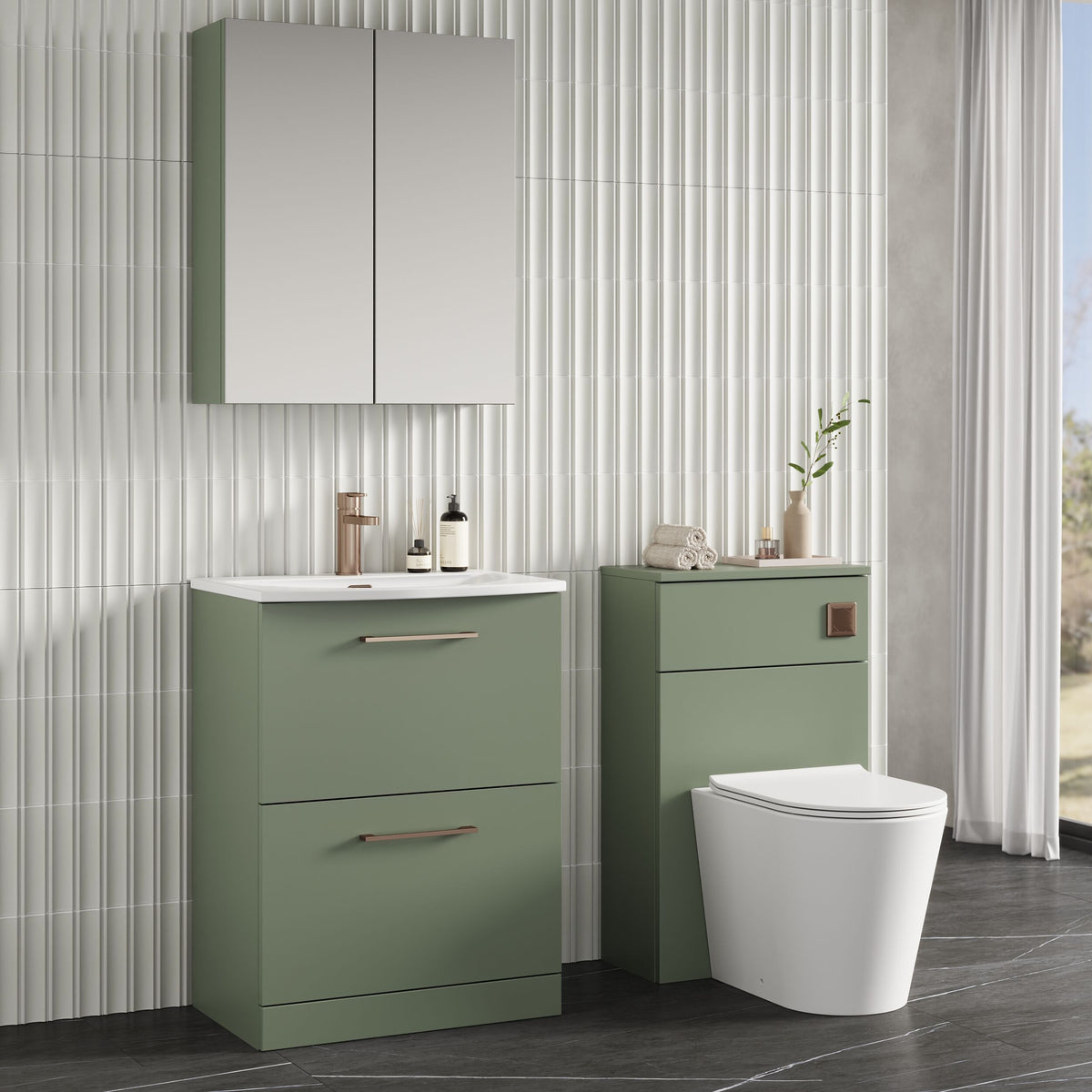 Modern Splash 600mm Satin Green 2 Drawer Floor Standing Vanity Unit With Curved Basin