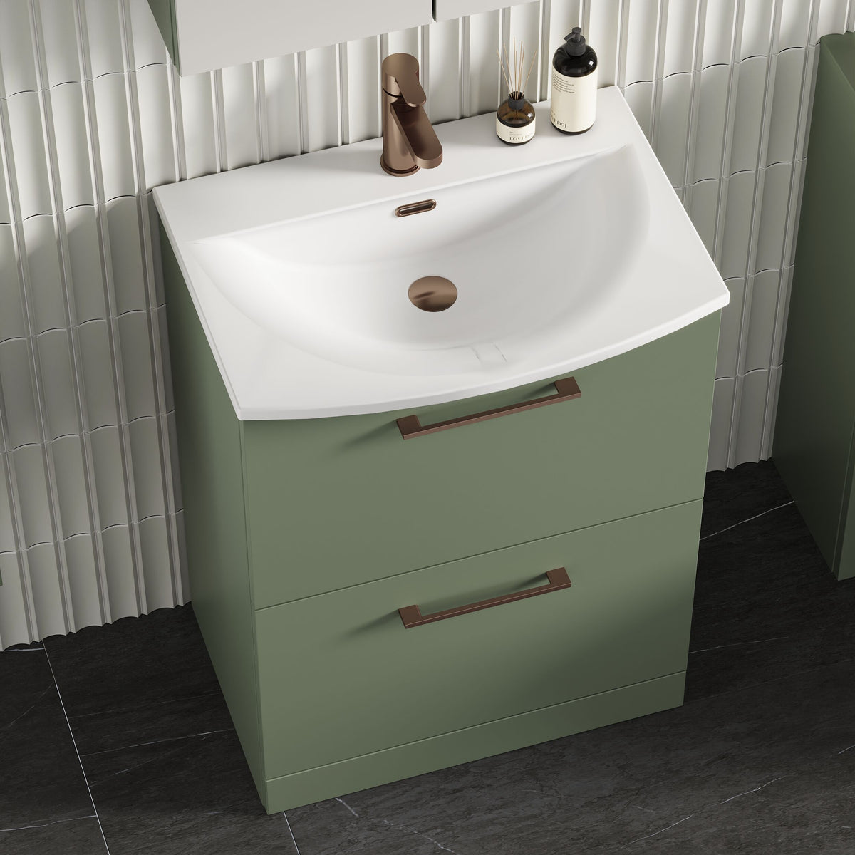 Modern Splash 600mm Satin Green 2 Drawer Floor Standing Vanity Unit With Curved Basin