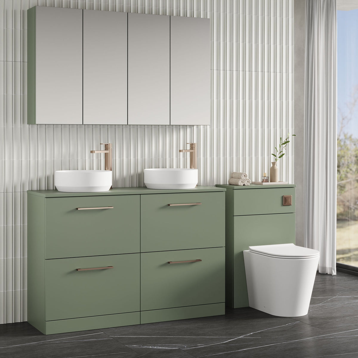 Modern Splash 1200mm Satin Green Floor Standing 4 Drawer Vanity With Co-ordinating Worktop