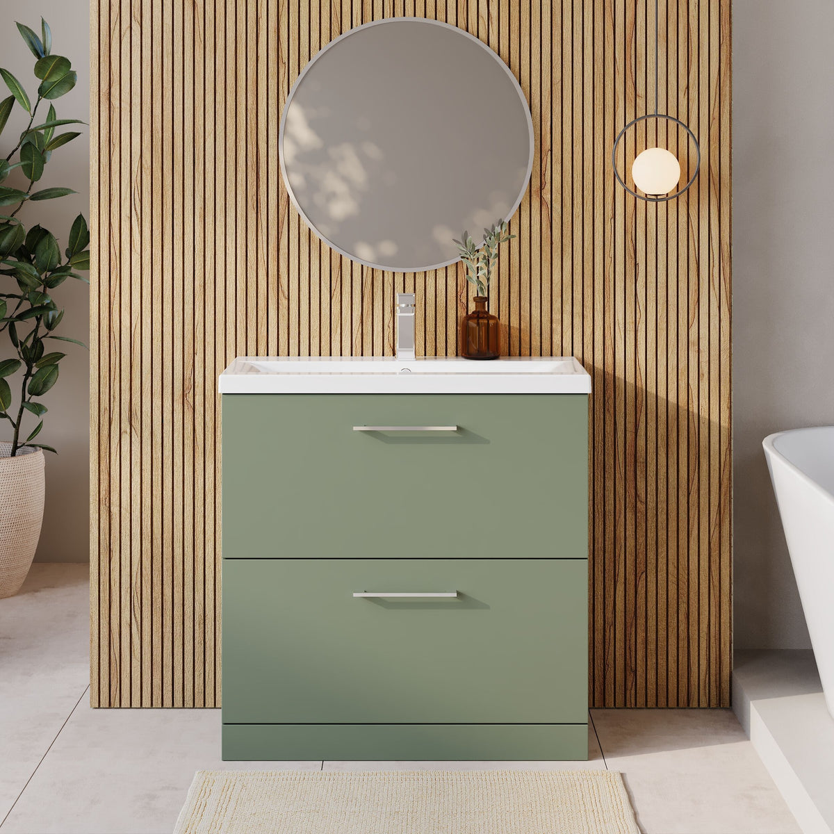 Modern Splash 800mm Satin Green 2 Drawer Floor Standing Vanity Unit With Mid-Edge Basin