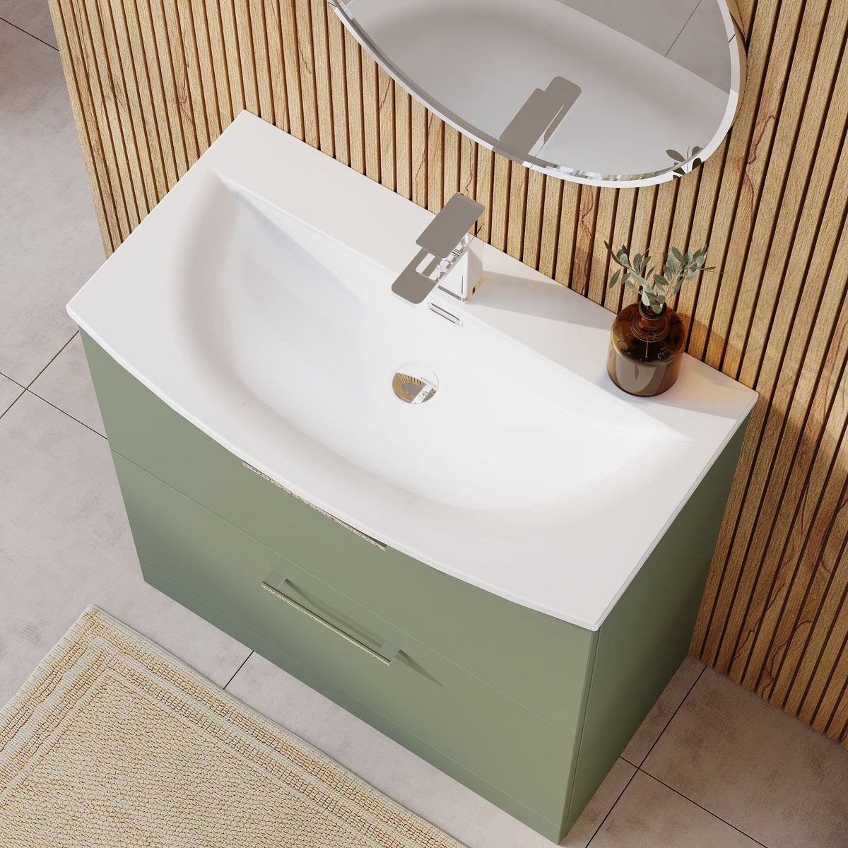 Modern Splash 800mm Satin Green 2 Drawer Floor Standing Vanity Unit With Curved Basin