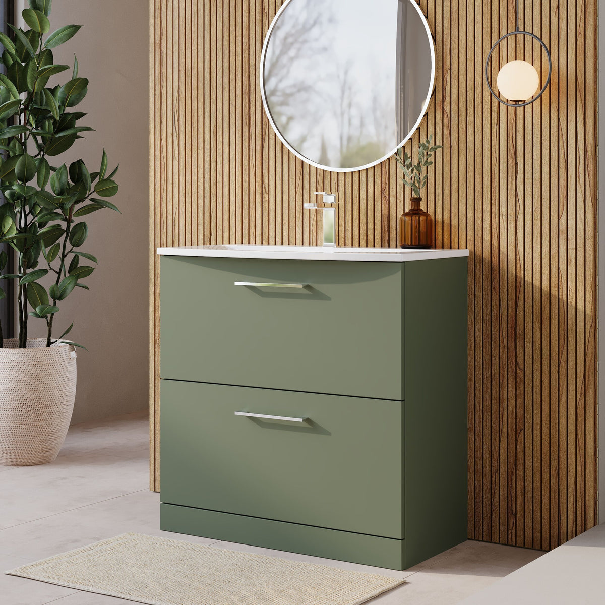 Modern Splash 800mm Satin Green 2 Drawer Floor Standing Vanity Unit With Curved Basin