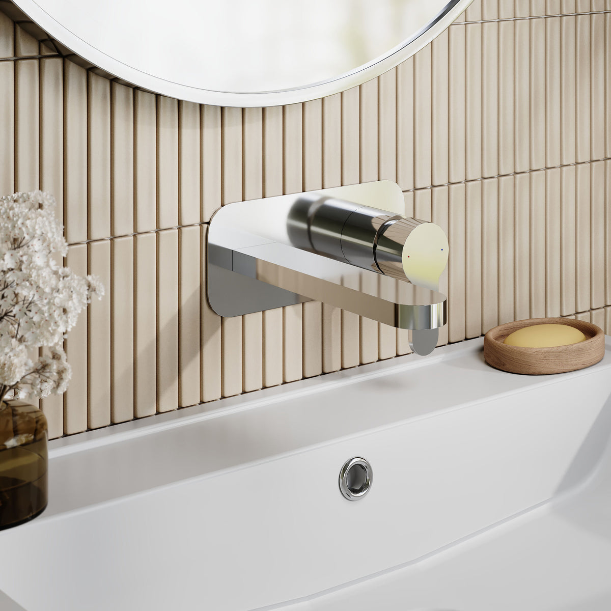 Modern Splash Chrome Wall Mounted Basin Mixer 2 Tap Hole With Plate