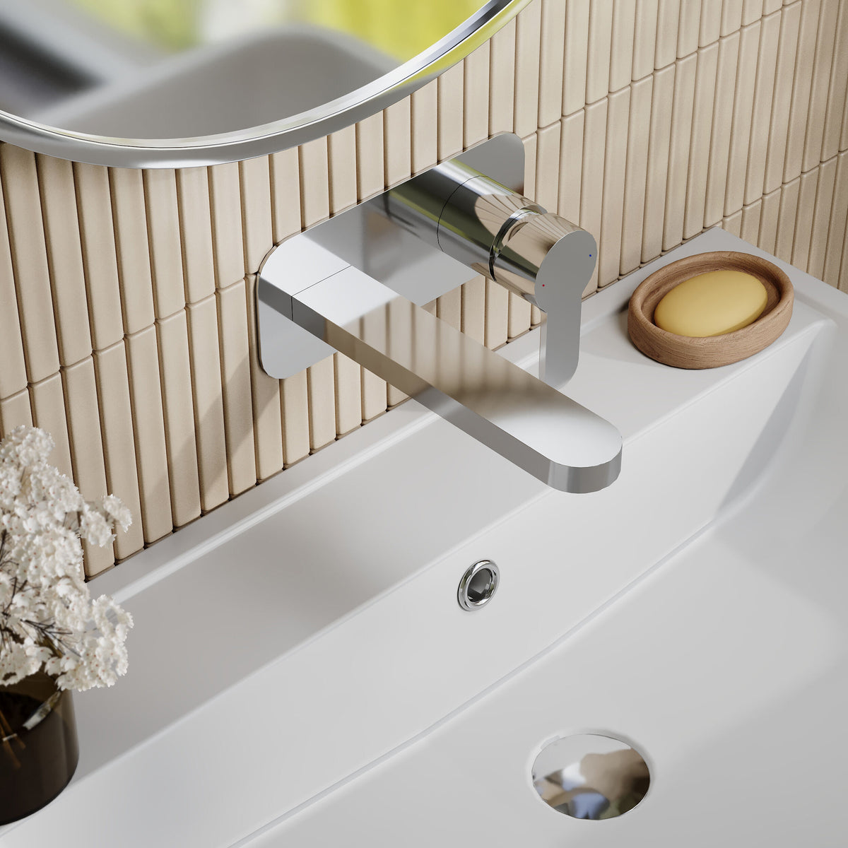 Modern Splash Chrome Wall Mounted Basin Mixer 2 Tap Hole With Plate