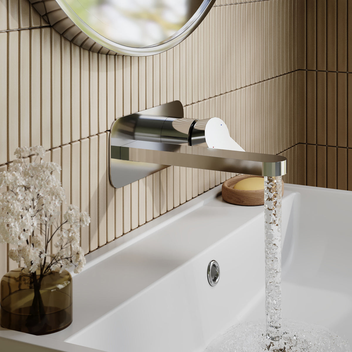 Modern Splash Chrome Wall Mounted Basin Mixer 2 Tap Hole With Plate