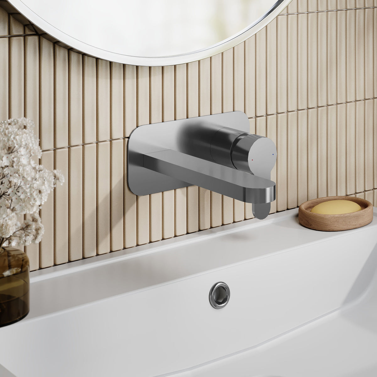 Modern Splash Brushed Wall Mounted 2 Tap Hole Pewter Basin Mixer