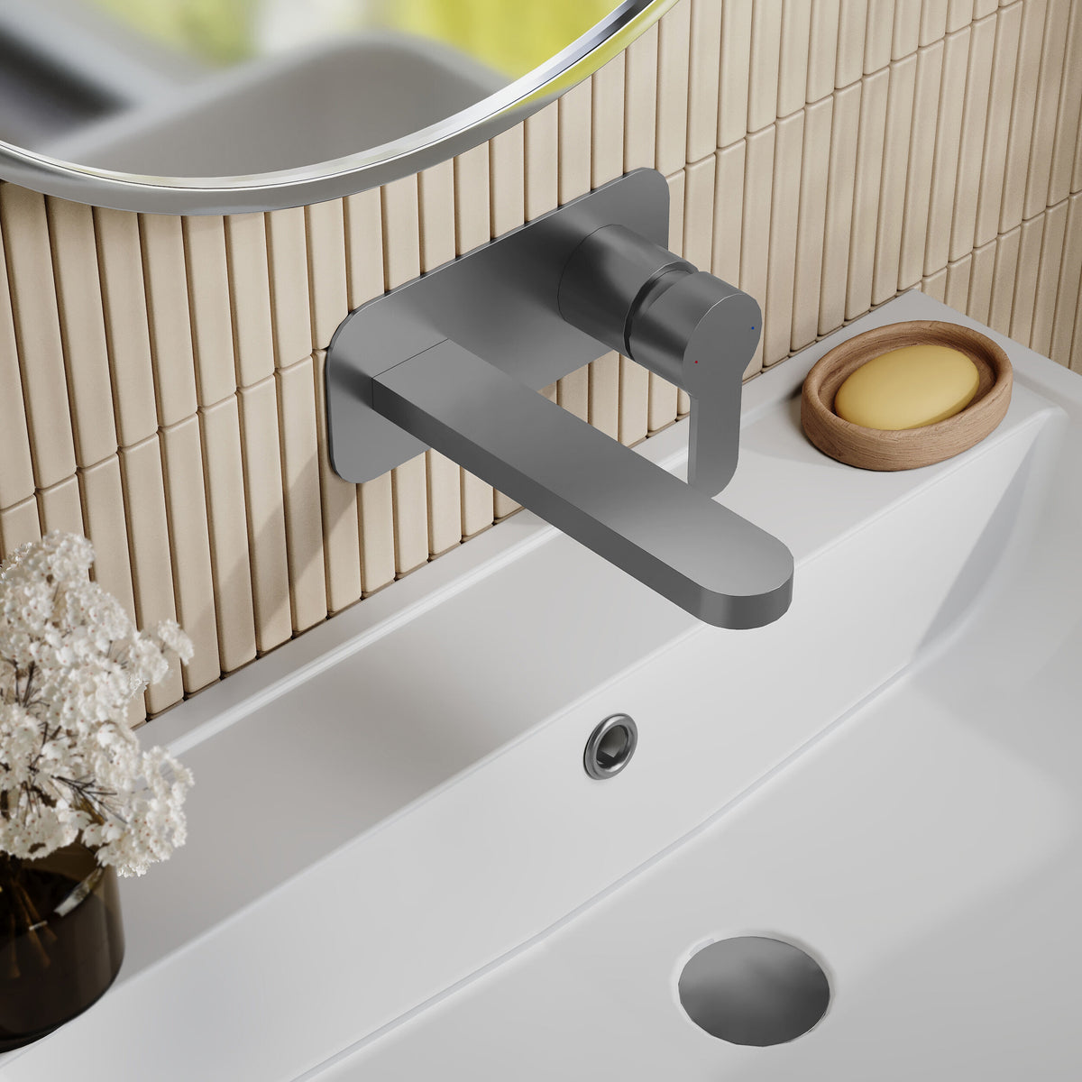 Modern Splash Brushed Wall Mounted 2 Tap Hole Pewter Basin Mixer
