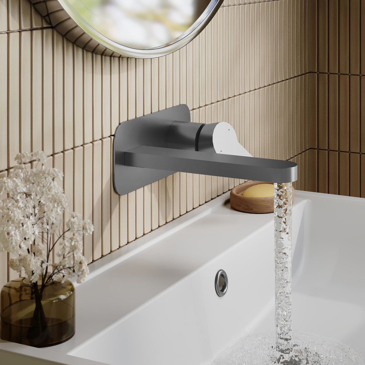 Modern Splash Brushed Wall Mounted 2 Tap Hole Pewter Basin Mixer