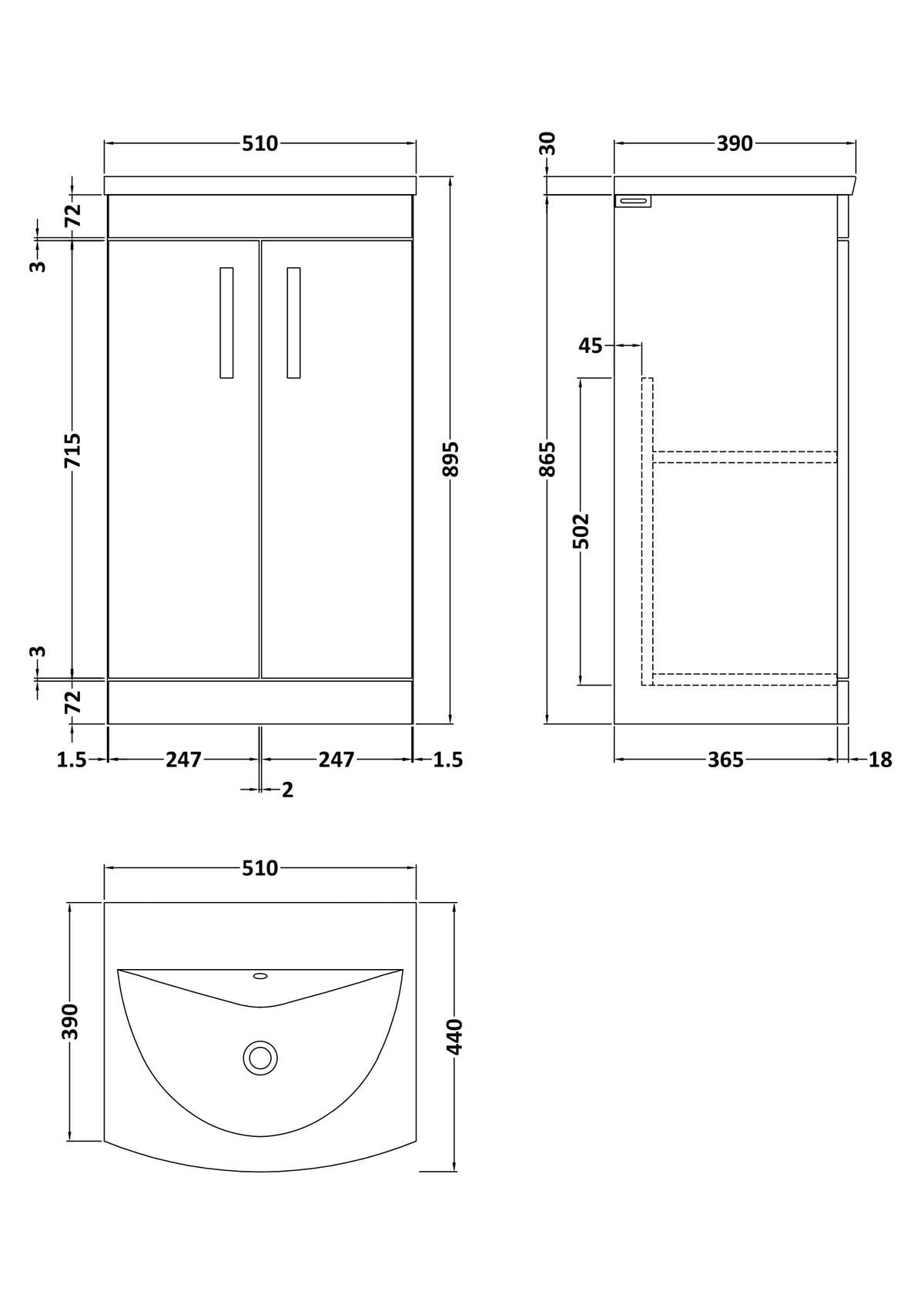 Modern Splash 500mm Charcoal Black 2 Door Floor Standing Vanity Unit With Curved Basin