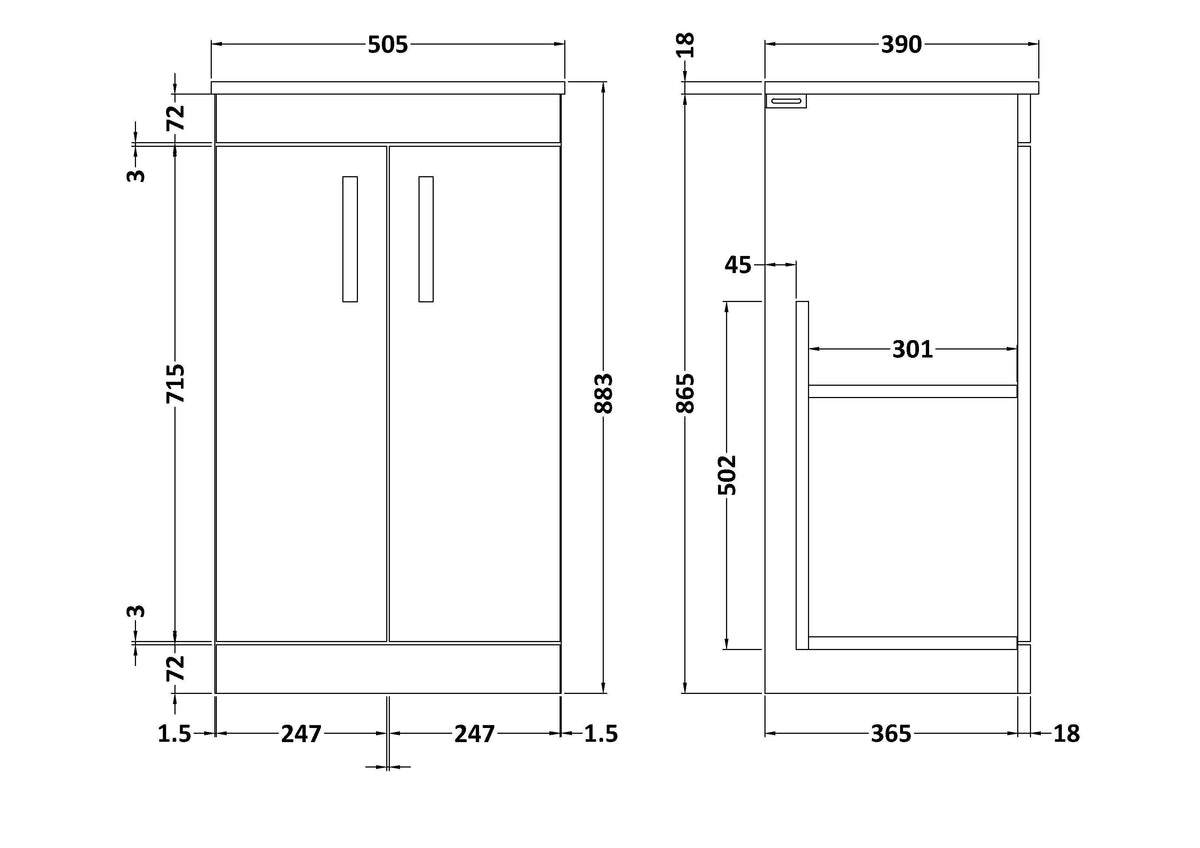 Modern Splash 500mm Gloss White 2 Door Floor Standing Vanity Unit With Co-ordinating Worktop