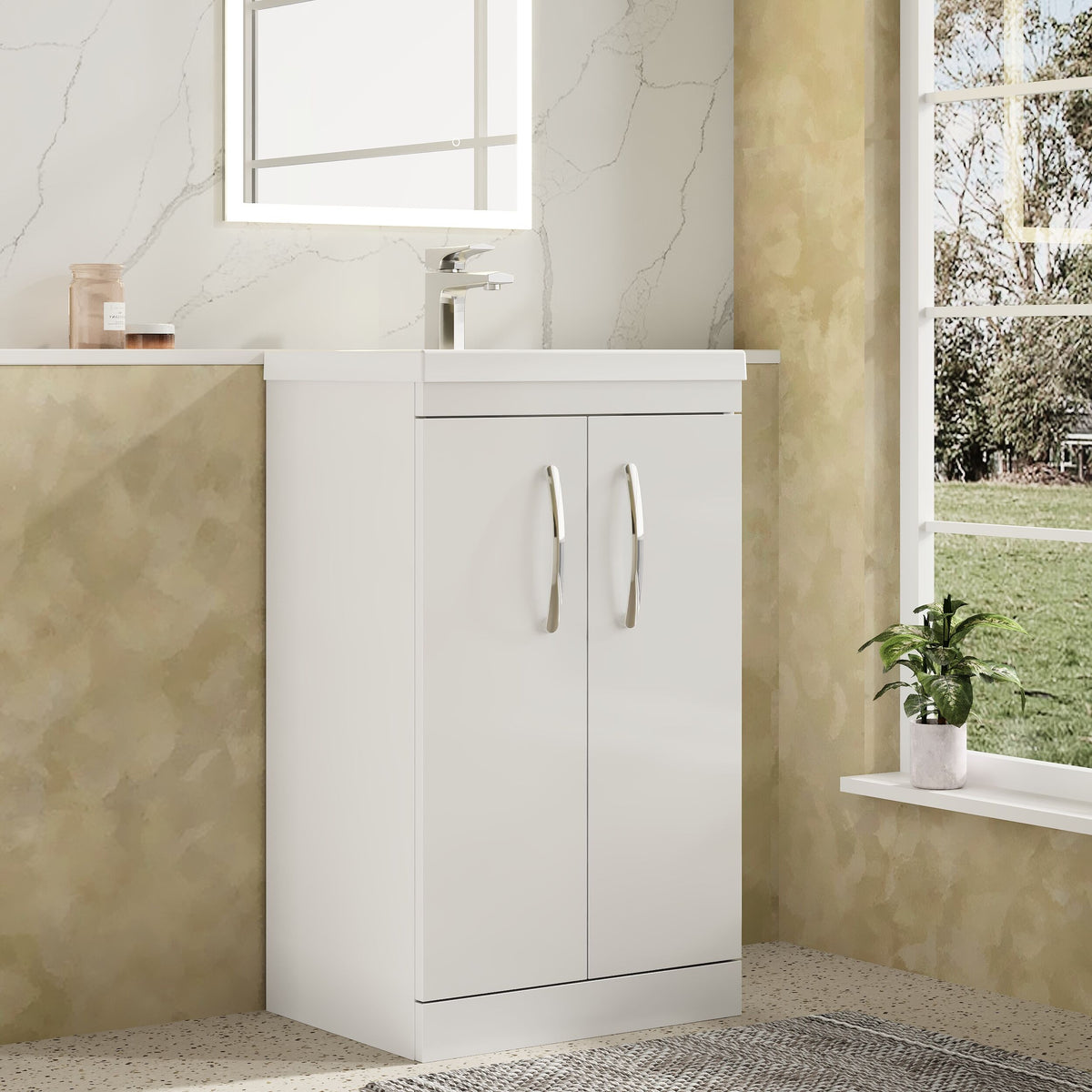 Modern Splash 500mm Gloss White 2 Door Floor Standing Vanity Unit With Co-ordinating Worktop