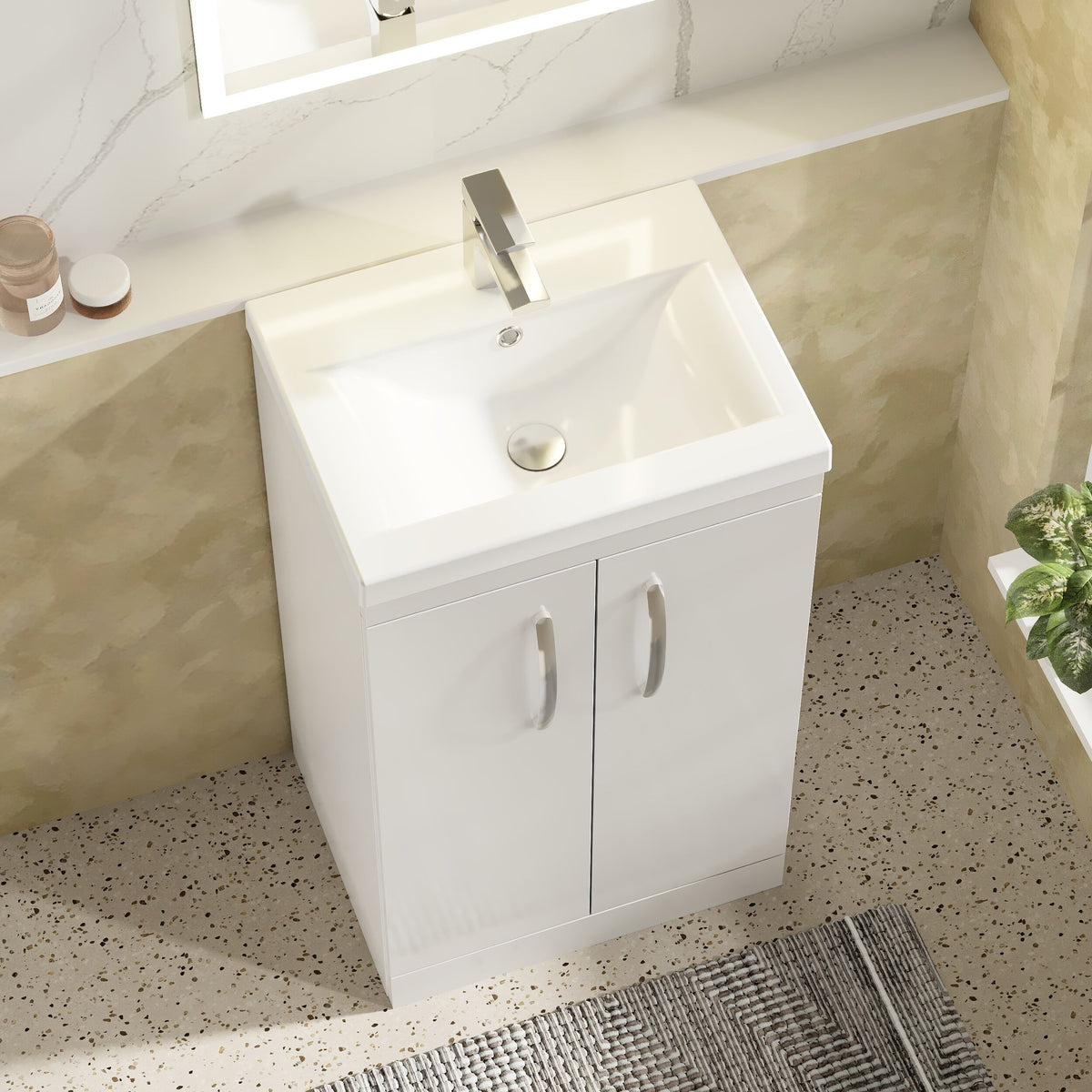 Modern Splash 500mm Gloss White 2 Door Floor Standing Vanity Unit With Co-ordinating Worktop