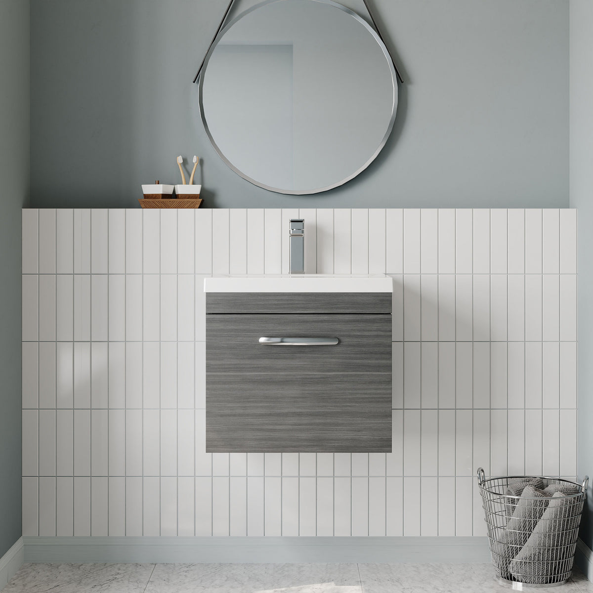 Modern Splash 500mm Anthracite Woodgrain 1 Drawer Wall Hung Vanity Unit With Mid-Edge Basin