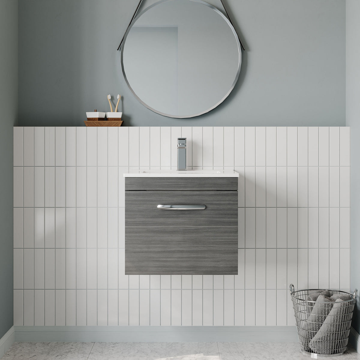 Modern Splash 500mm Anthracite Woodgrain 1 Drawer Wall Hung Vanity Unit With Minimalist Basin