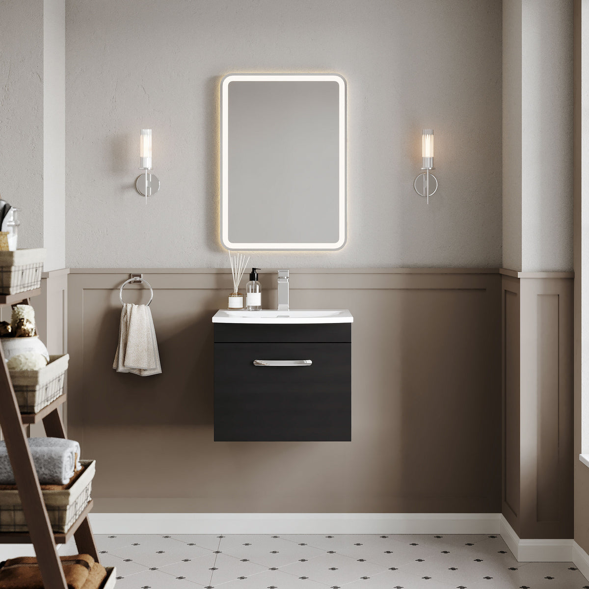 Modern Splash 500mm Charcoal Black 1 Drawer Wall Hung Vanity Unit With Curved Basin