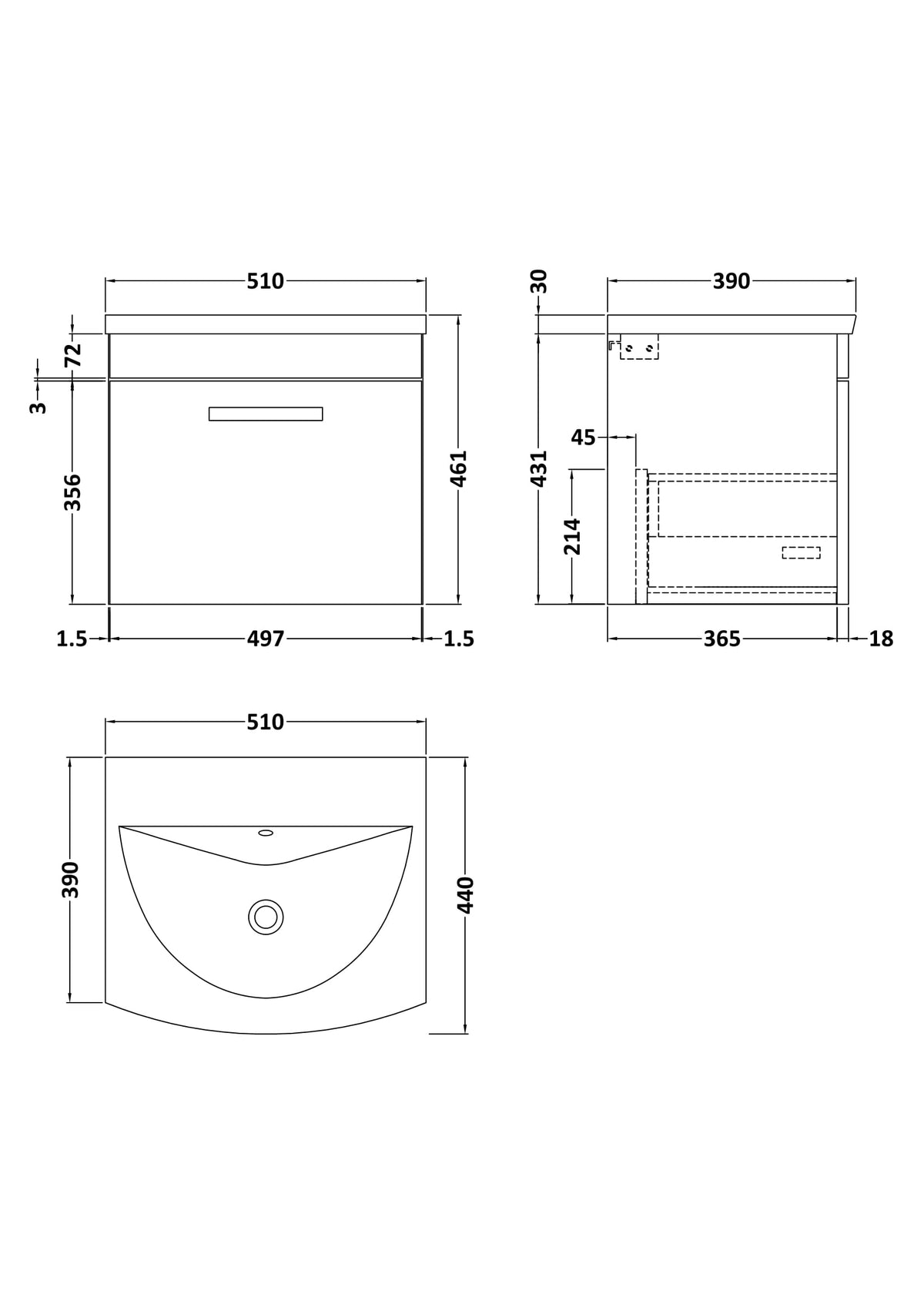 Modern Splash 500mm Gloss White 1 Drawer Wall Hung Vanity Unit With Curved Basin