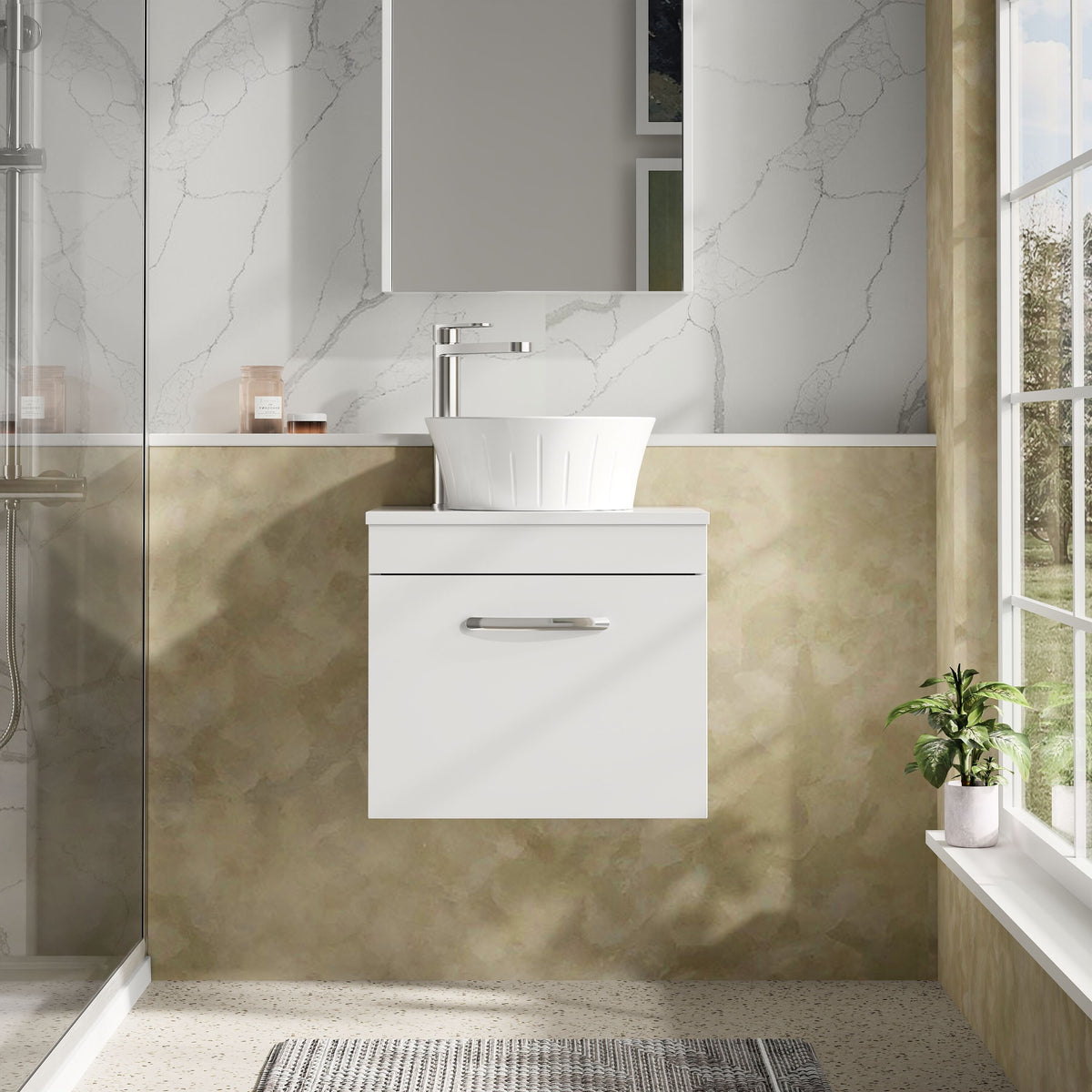 Modern Splash 500mm Gloss White 1 Drawer Wall Hung Vanity Unit With Co-ordinating Worktop