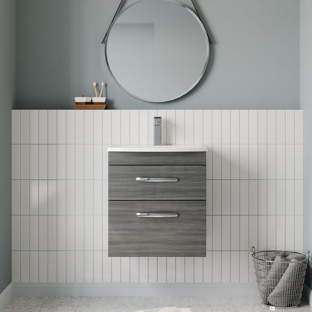 Modern Splash 500mm Anthracite Woodgrain 2 Drawer Wall Hung Vanity Unit With Curved Basin