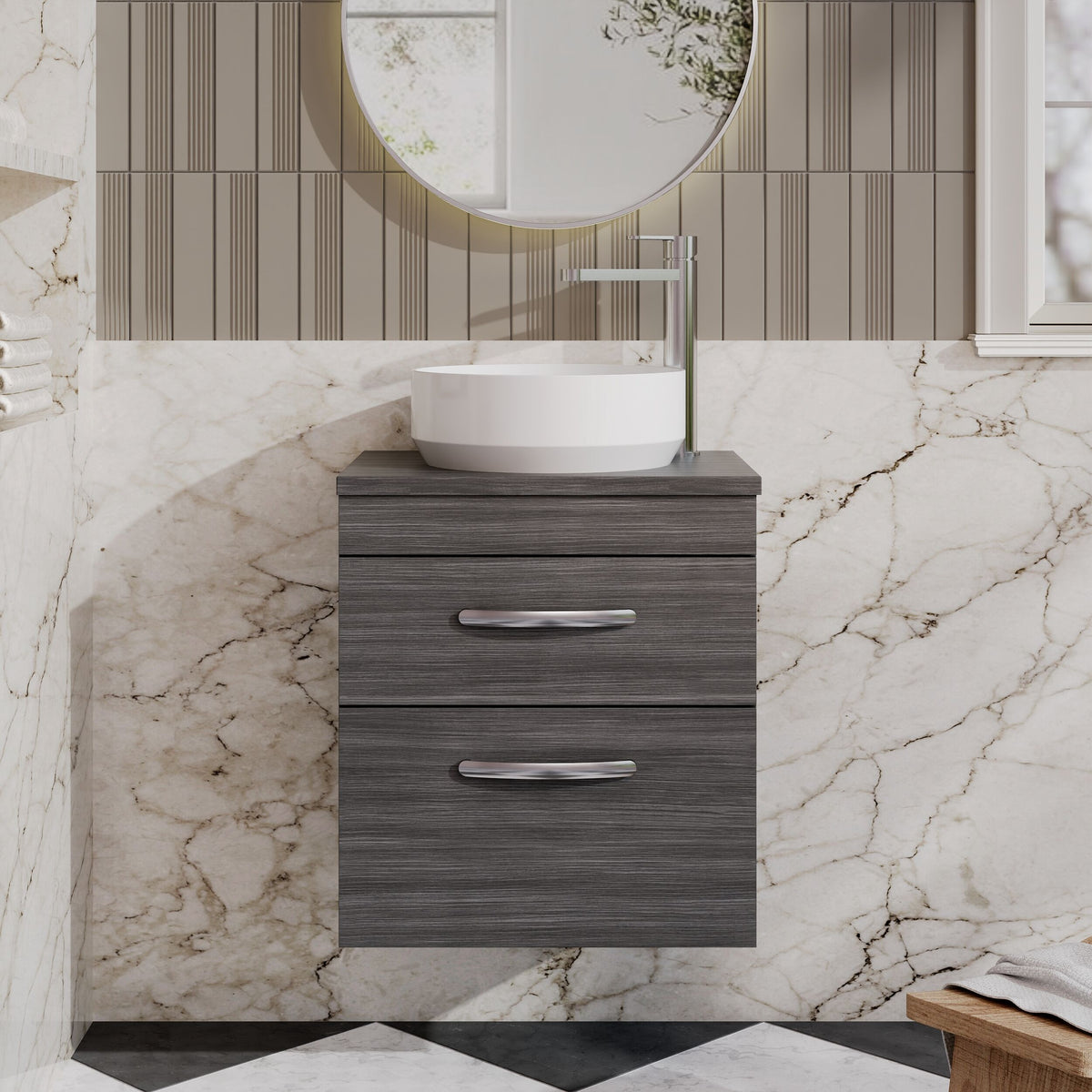 Modern Splash 500mm 2 Drawer Wall Hung Anthracite Woodgrain Vanity Unit With Co-ordinating Worktop
